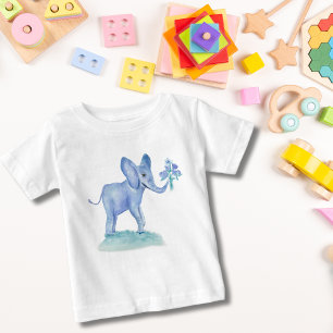 T-shirt Pour Bébé Éléphant Bleu à l'Aquarelle avec Fleurs