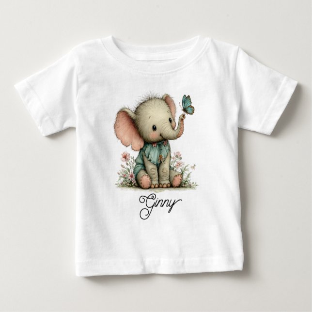 T-shirt Pour Bébé Éléphant de bébé mignon avec papillon bleu (Devant)