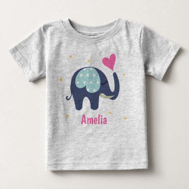 T-shirt Pour Bébé Eléphant gris mou et coeur rose Personnalisé (Devant)