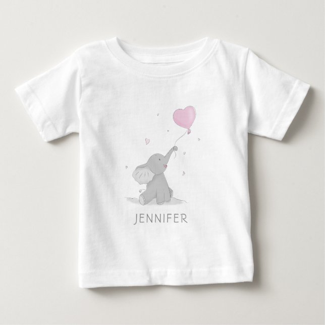 T-shirt Pour Bébé Éléphant Mignon avec Nom de Ballon (Devant)