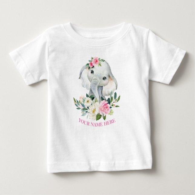 T-shirt Pour Bébé Eléphant mignon et BLush rose florale 1er annivers (Devant)