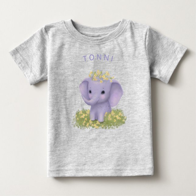 T-shirt Pour Bébé éléphant mignon et joyeux avec fleur sauvage (Devant)