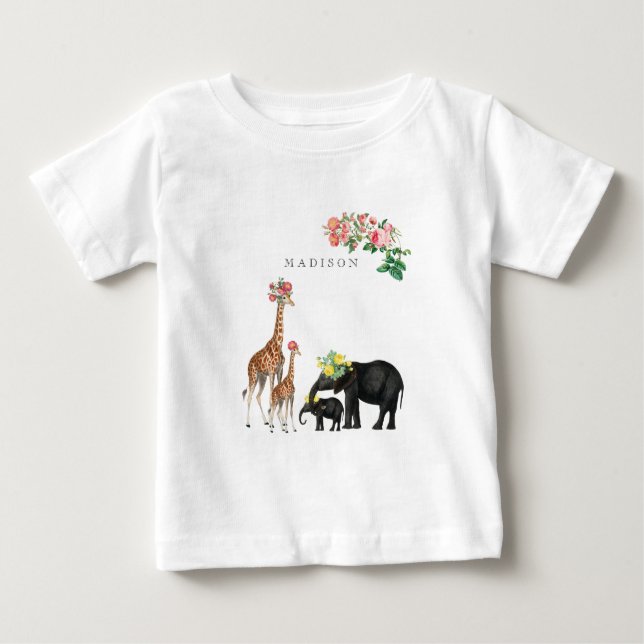 T-shirt Pour Bébé Eléphant mignon & Giraffe Floral Personnalisé Nom  (Devant)