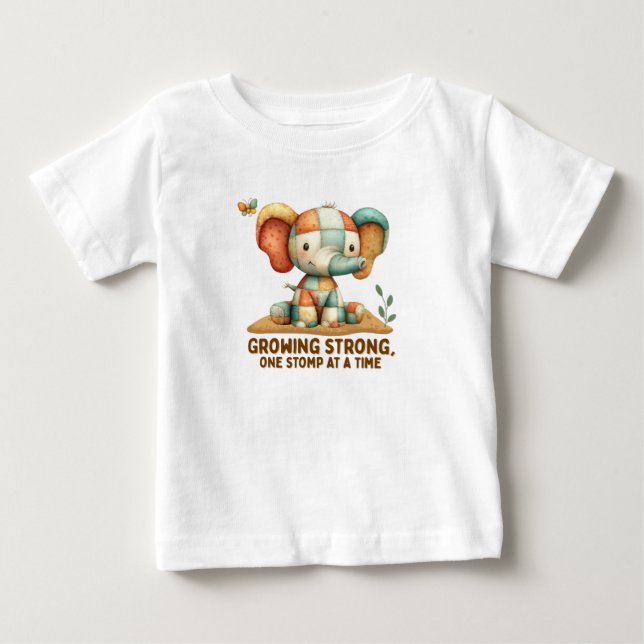 T-shirt Pour Bébé Éléphant Patchwork “Grandir en force”   (Devant)