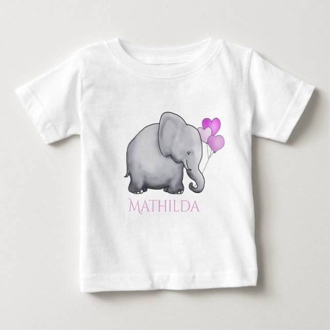 T-shirt Pour Bébé Eléphant rose mignon personnalisé avec ballons (Devant)