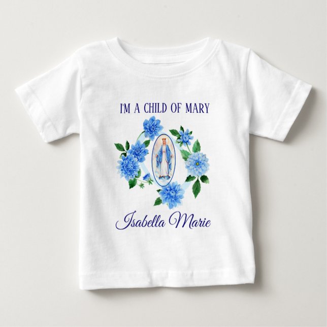 T-shirt Pour Bébé Enfant de la Vierge Marie | Fleurs Dahlia Bleues (Devant)