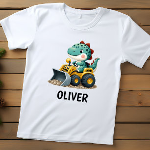 T-shirt Pour Bébé Enfant dinosaure sur véhicule de construction jaun