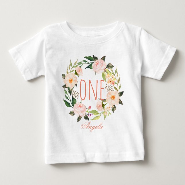 T-shirt Pour Bébé Enfant Fille d'un an Fille fleurie Wreath-2 (Devant)