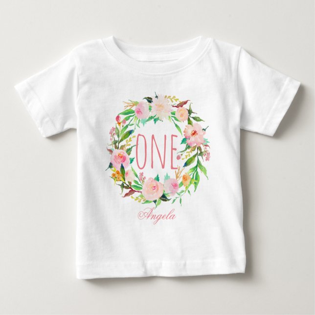 T-shirt Pour Bébé Enfant Fille d'un an Fille Floral Wreath-3 (Devant)