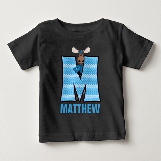 T-shirt Pour Bébé Enfants "M" Monogrammé | Moose à noeud bleu (Devant)