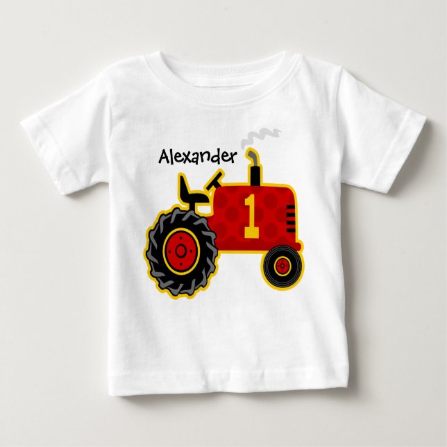 T-shirt Pour Bébé Ęr anniversaire de tracteur rouge personnalisé (Devant)