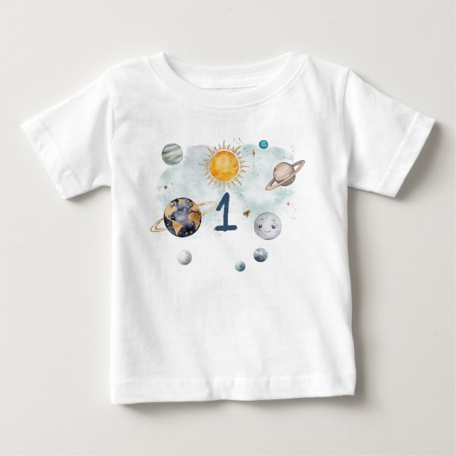 T-shirt Pour Bébé Espace Anniversaire Galaxie Soleil Lune Étoiles Pl (Devant)