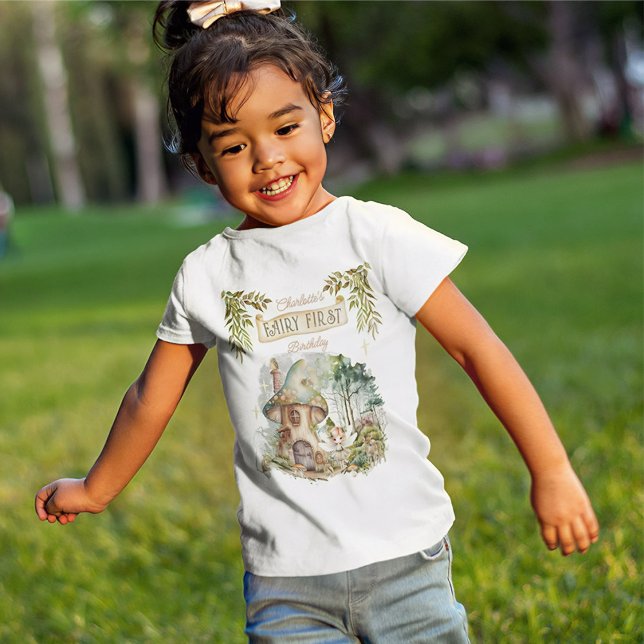 T-shirt Pour Bébé Fairy First Woodland Animaux Champignons 1er anniv (Fairy First Woodland Animals Mushrooms Girl's 1st Birthday T-Shirt)