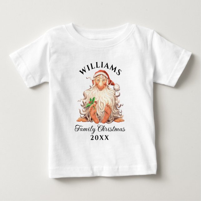 T-shirt Pour Bébé Famille de Noël rétro avec nom et année (Devant)