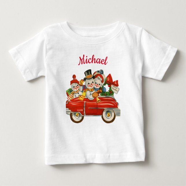 T-shirt Pour Bébé Famille Snowman en voiture Noël nom personnalisé (Devant)