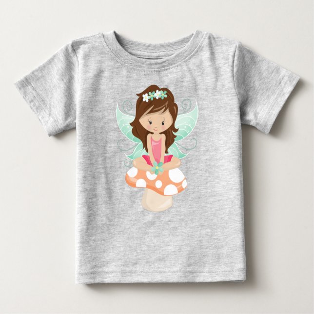 T-shirt Pour Bébé Fée de forêt, Fée mignonne, Cheveux Brown, Champig (Devant)