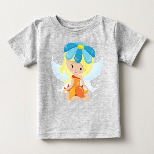 T-shirt Pour Bébé Fée Mignonne, Fée Magique, Cheveux Blonde, Fleurs (Devant)