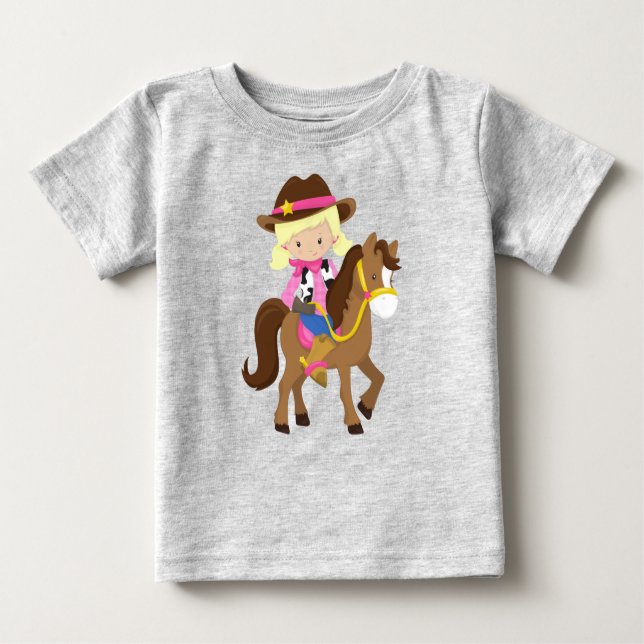 T-shirt Pour Bébé Femme, Sheriff, Cheval, Occident, Cheveux blonde (Devant)