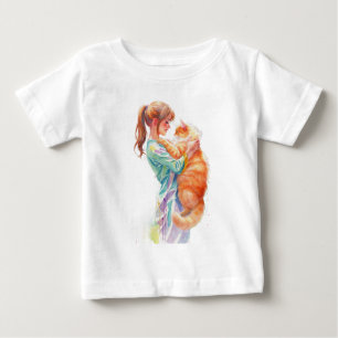T-shirt Pour Bébé Femme tenant un chat Maine Coon orange duveteux