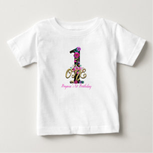 T-shirt Pour Bébé Fête d'anniversaire Black Floral Gold Glitter UN 1