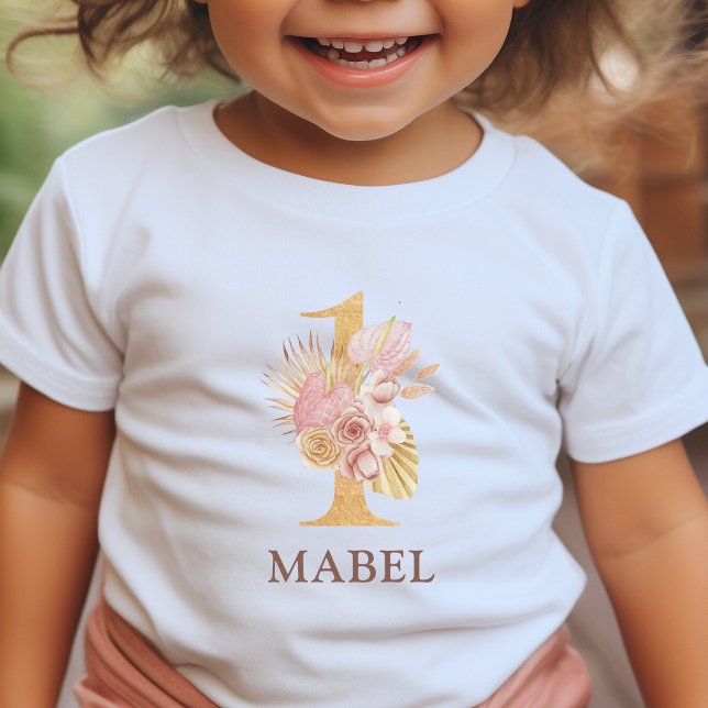 T-shirt Pour Bébé Fête d'anniversaire Bohème Fleurie 1 an (Kids 1st Birthday Party T-Shirt floral boho style)