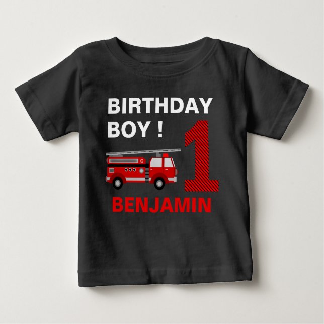 T-shirt Pour Bébé Fête d'anniversaire Camion de pompiers 1 an (Devant)