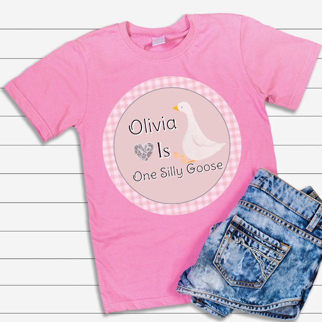 T-shirt Pour Bébé Fête d'anniversaire de fille au gingembre rose Une (Pink Gingham One Silly Goose Girl's Birthday Party Baby T-Shirt)