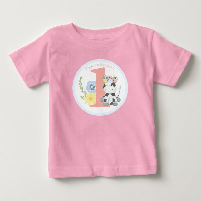 T-shirt Pour Bébé Fête d'anniversaire Fleurie Vache Bébé Numéro Un 1 (Devant)