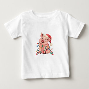 T-shirt Pour Bébé Feux de Noël Cochon portant le Casquette de Noël -