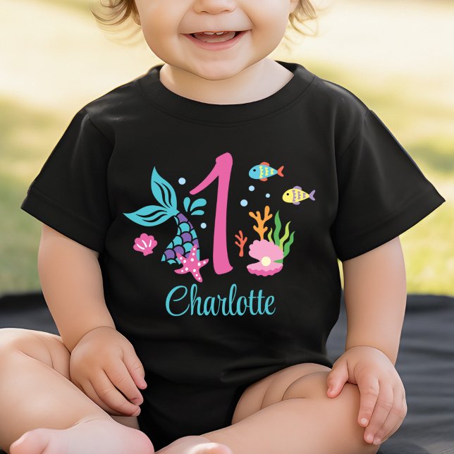 T-shirt Pour Bébé Fille 1er anniversaire Mermaid Tail mer personnali (Créateur téléchargé)