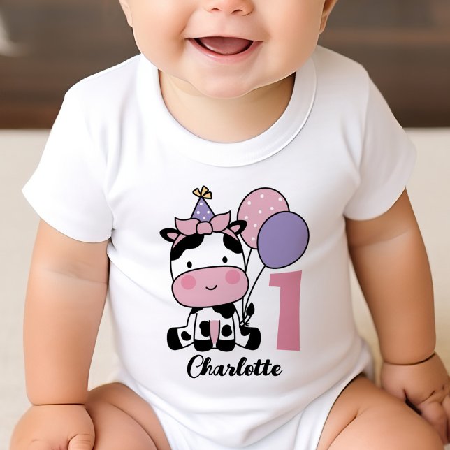 T-shirt Pour Bébé Fille 1er Anniversaire Vache Ballons rose Personna (Créateur téléchargé)