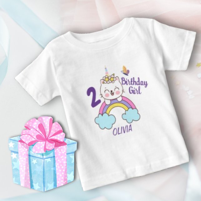 T-shirt Pour Bébé Fille 2 Anniversaire Unicorn Chat Anniversaire (Créateur téléchargé)