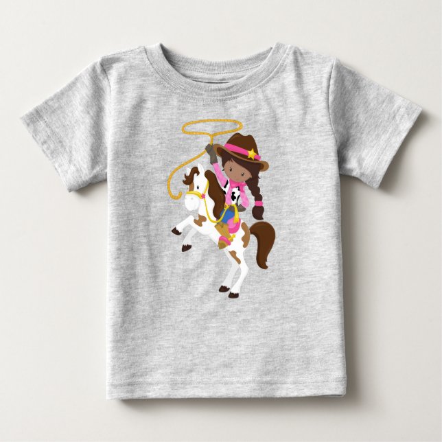 T-shirt Pour Bébé Fille afro-américaine, cowgirl, shérif, lasso (Devant)