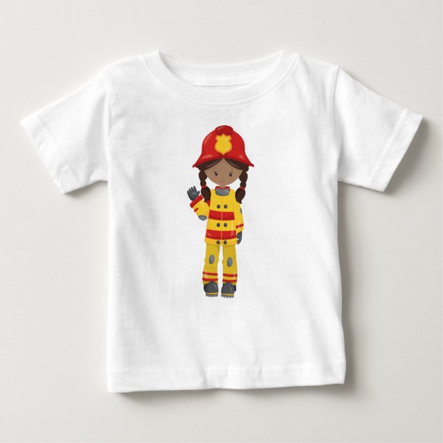T-shirt Pour Bébé Fille afro-américaine, Fille pompier, Pompier (Devant)