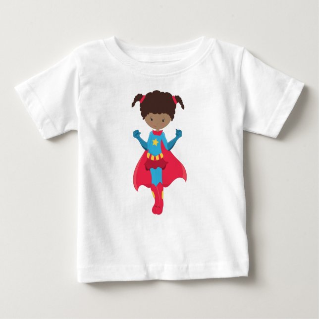 T-shirt Pour Bébé Fille afro-américaine, Fille super-héros, Cape rou (Devant)