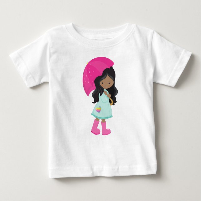 T-shirt Pour Bébé Fille afro-américaine, Pluie, Ciré, Parapluie (Devant)