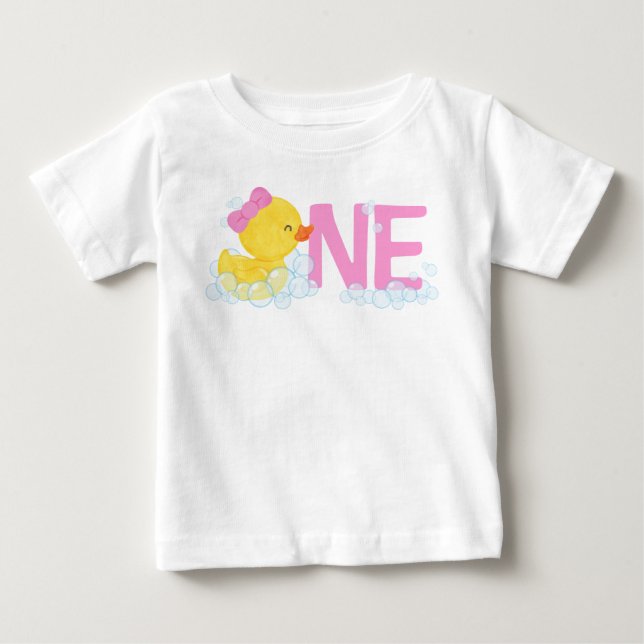 T-shirt Pour Bébé Fille Aquarelle Canard en caoutchouc ONE + Nom sur (Devant)