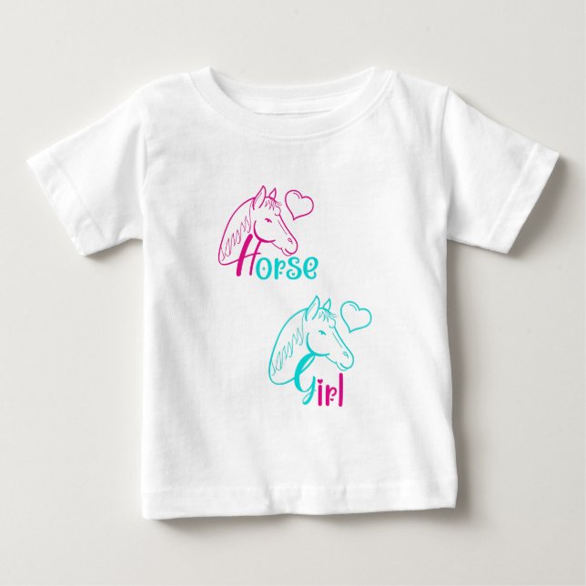 T-shirt Pour Bébé Fille au cheval en rose et turquoise (Devant)