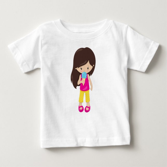 T-shirt Pour Bébé Fille Avec Crème De Glace, Cheveux Brown, Mignonne (Devant)