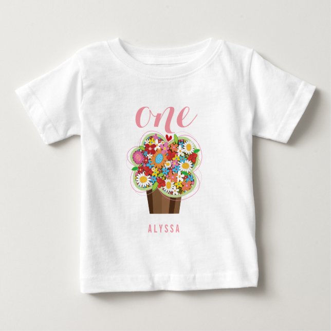 T-shirt Pour Bébé Fille Cupcake Fleurs de Printemps 1er Anniversaire (Devant)