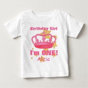 T-shirt Pour Bébé Fille d'anniversaire avec la couronne j'ai UNE ans