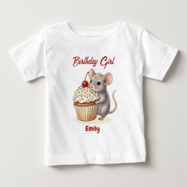 T-shirt Pour Bébé Fille d'anniversaire personnalisée | Souris mignon (Devant)