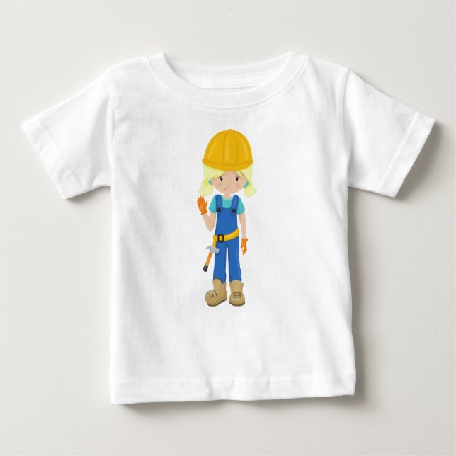 T-shirt Pour Bébé Fille de construction, Cheveux Blonds, Jolie Fille (Devant)