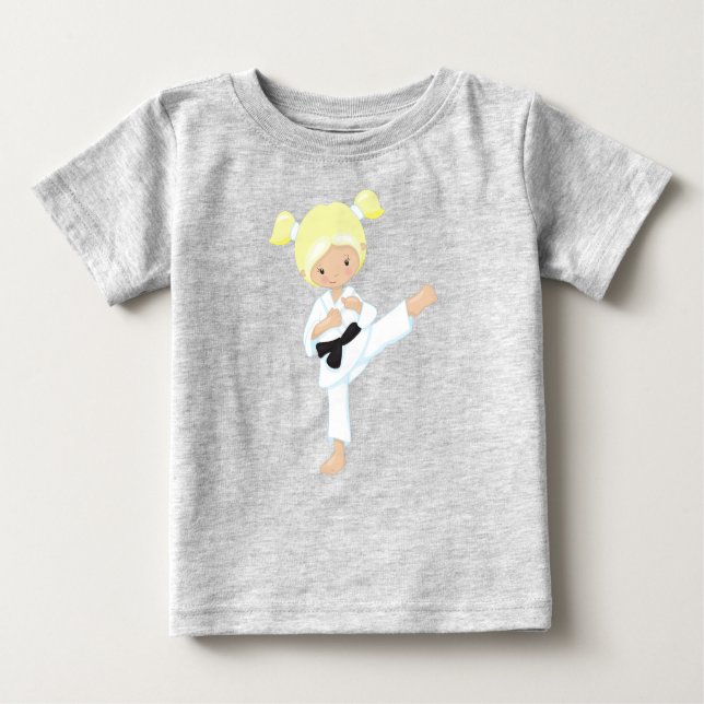 T-shirt Pour Bébé Fille de karaté, Jolie Fille, Cheveux Blonds, Cein (Devant)