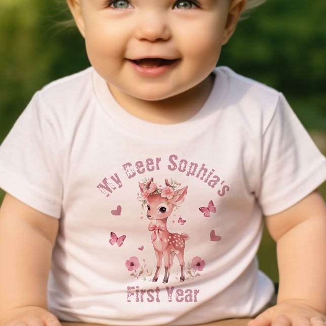 T-shirt Pour Bébé Fille Des Cerfs Et Papillons Floraux Premier Anniv (Créateur téléchargé)