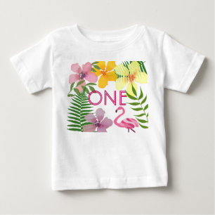 T-shirt Pour Bébé Fille du 1er Anniversaire Luau Flamant Rose