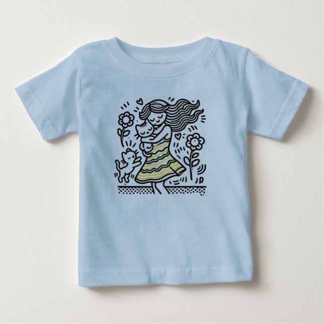 T-shirt Pour Bébé "Fille Fantaisiste avec Chat" (Devant)
