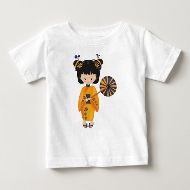 T-shirt Pour Bébé Fille japonaise, Japon, Jolie Fille, Kimono Orange (Devant)