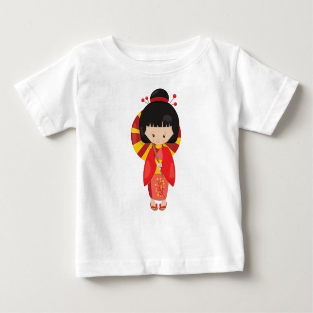T-shirt Pour Bébé Fille japonaise, Japon, Jolie Fille, Kimono Rouge (Devant)