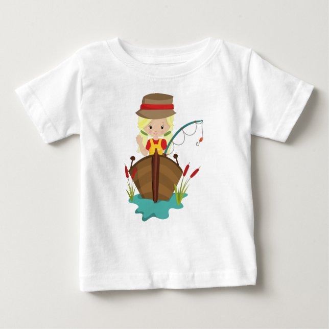 T-shirt Pour Bébé Fille pêcheuse, canne à pêche, pêcheur, cheveux bl (Devant)